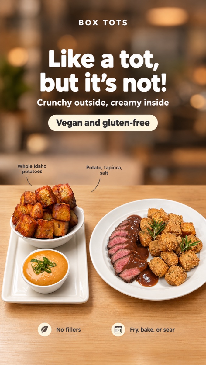 Box Tots lifestyle advertising featuring plated food and warm restaurant lighting