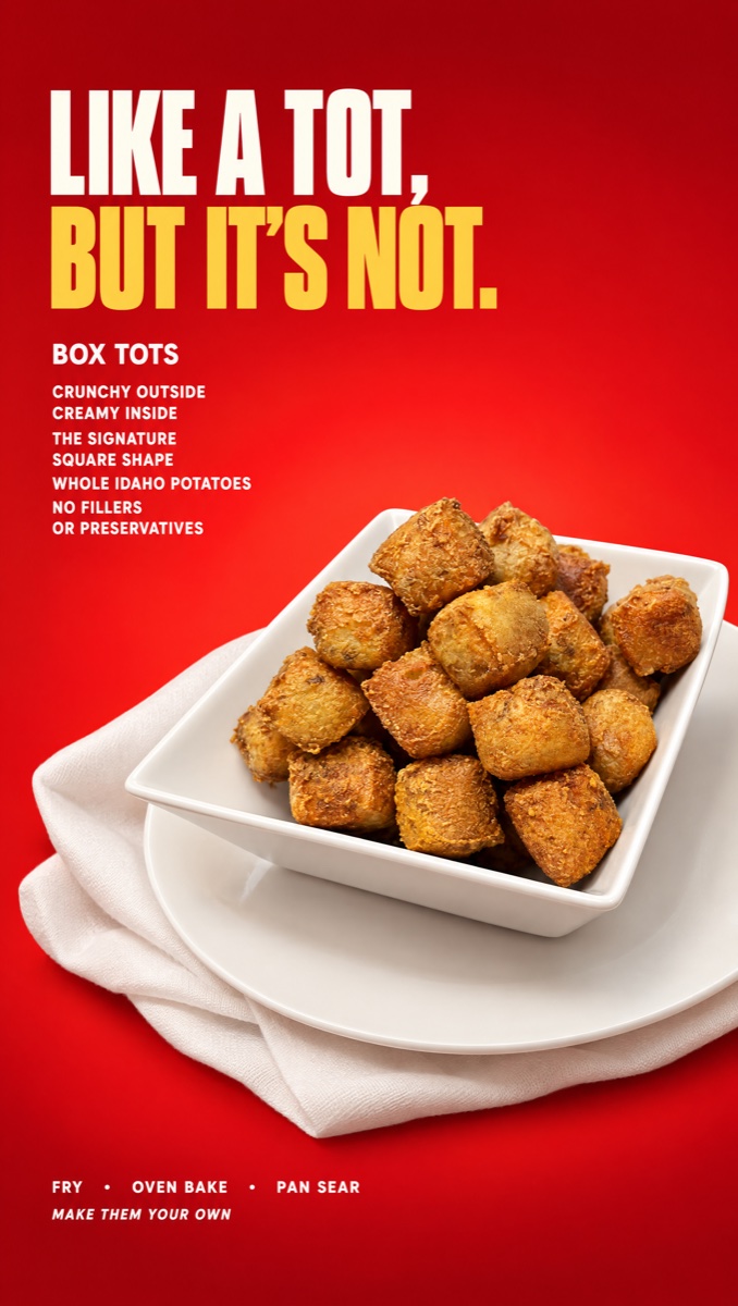 Box Tots product advertising with golden square tots on a bold red background